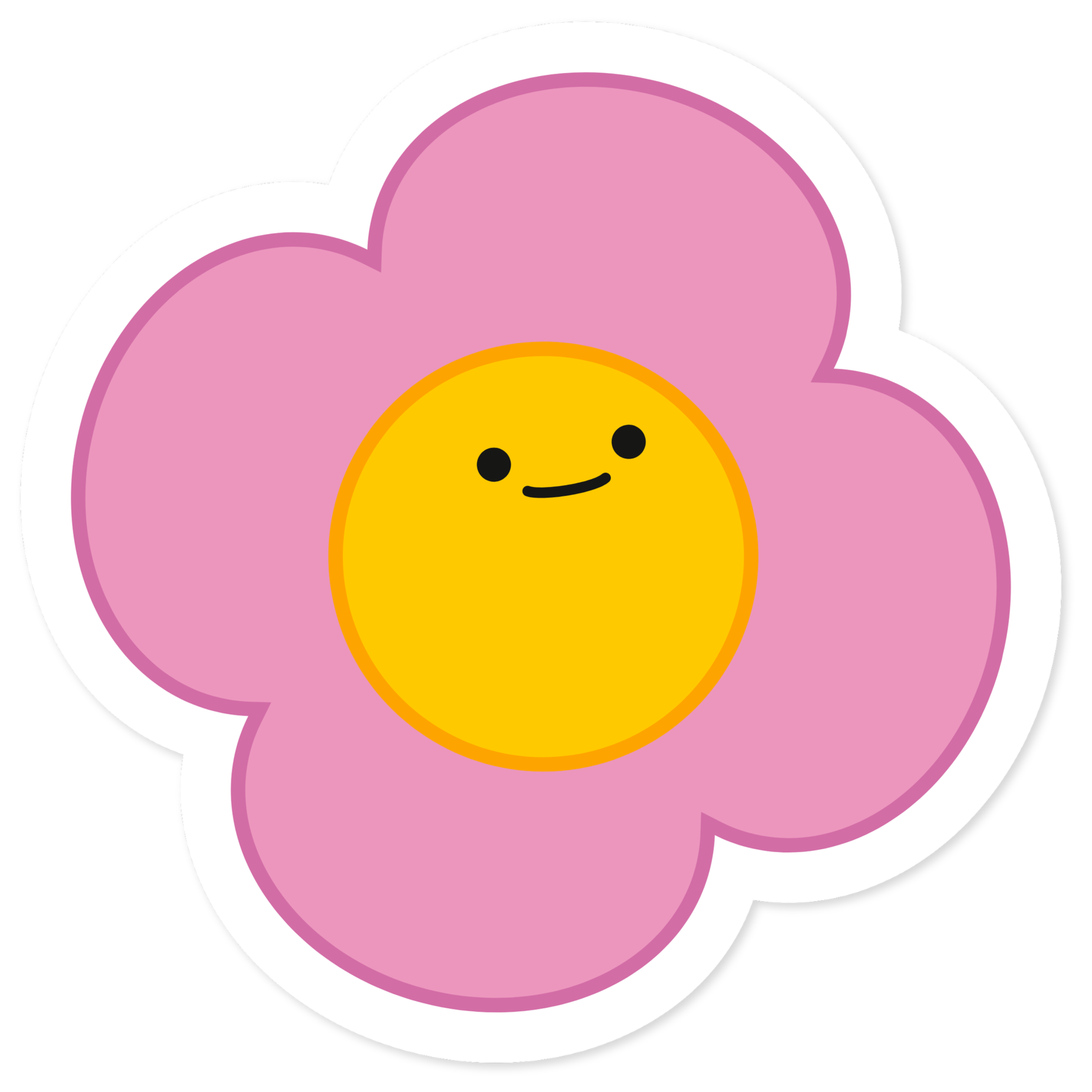Illustration eines lustigen Blumen mit einem gelben, lachenden Gesicht und pinken Blütenblättern, schwarzem Hintergrund.