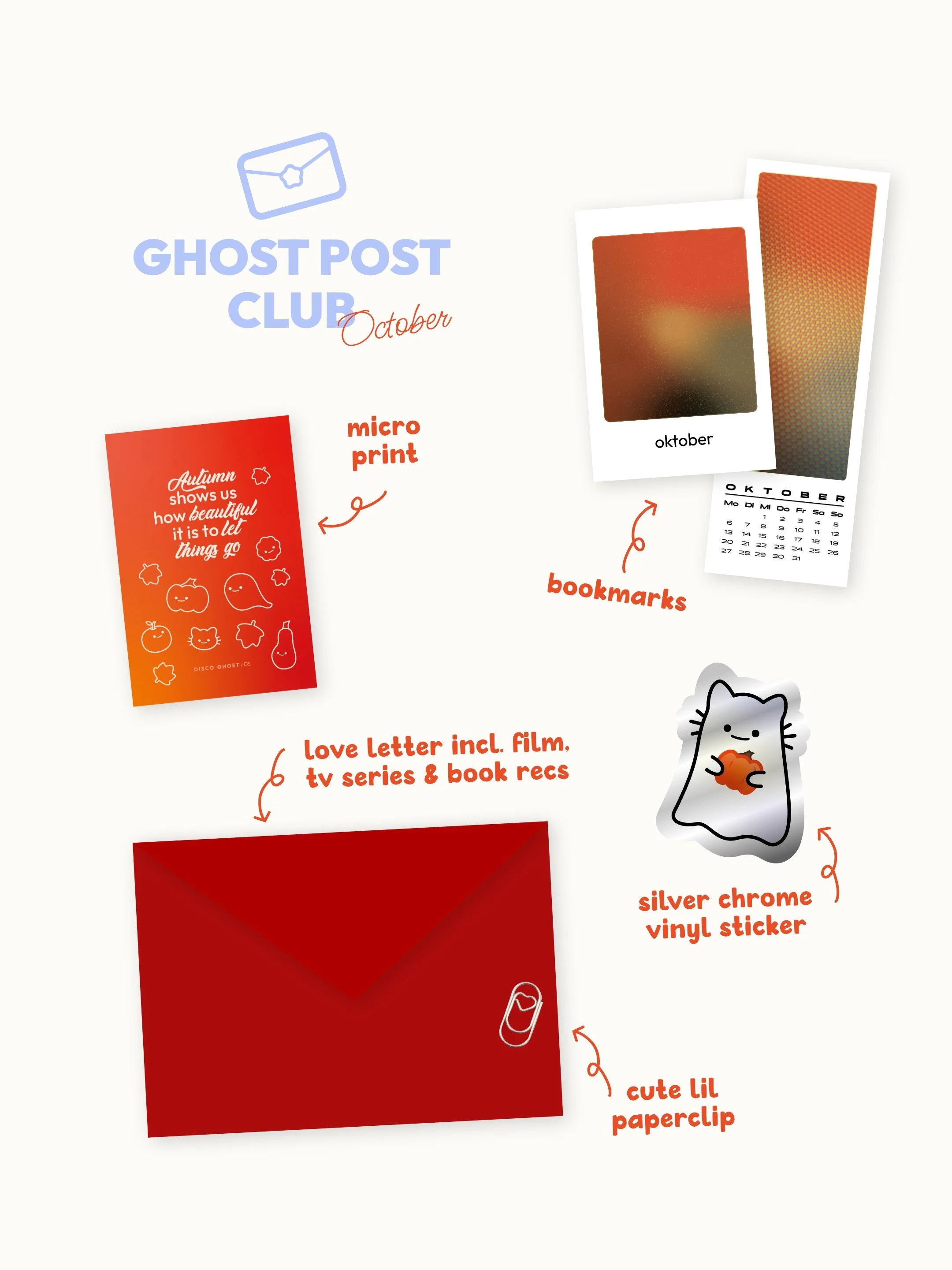 Ein Bild mit verschiedenen Materialien: Ein rotes Plastikschreiben mit der Aufschrift 'Autumn zeigt uns, wie schön es ist, Dinge gehen zu lassen', ein Microprint mit orange-rot Farbverlauf, zwei Fotos eines Kalenders für Oktober, ein silberner Chrom Vinyl Sticker eines Katzenkopfes, ein rotes Papierclip, und rote Papierelemente. Das Bild enthält auch handschriftliche Anmerkungen auf die Materialien.