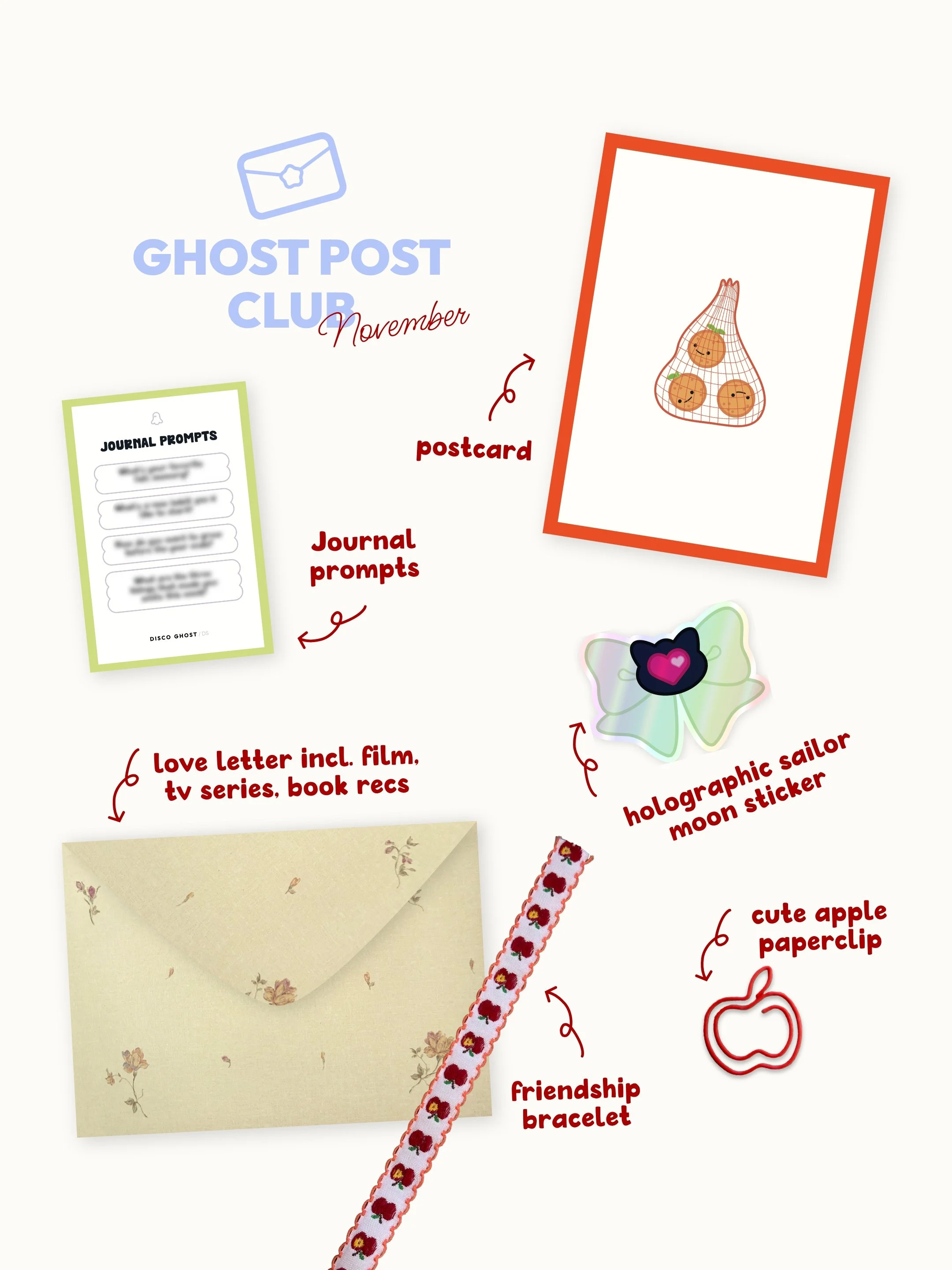 Ein Poster für den Ghost Post Club im November. Es zeigt verschiedene Postkarten, einen holographischen Glückwunsch-Sailor-Mondaufkleber, eine süße Apfelschere, eine Freundschaftsarmbandkette, ein Brief, eine liebe Briefmarke, einen Schriftzug mit Schreibschrift und weitere kleine Dekoelemente.