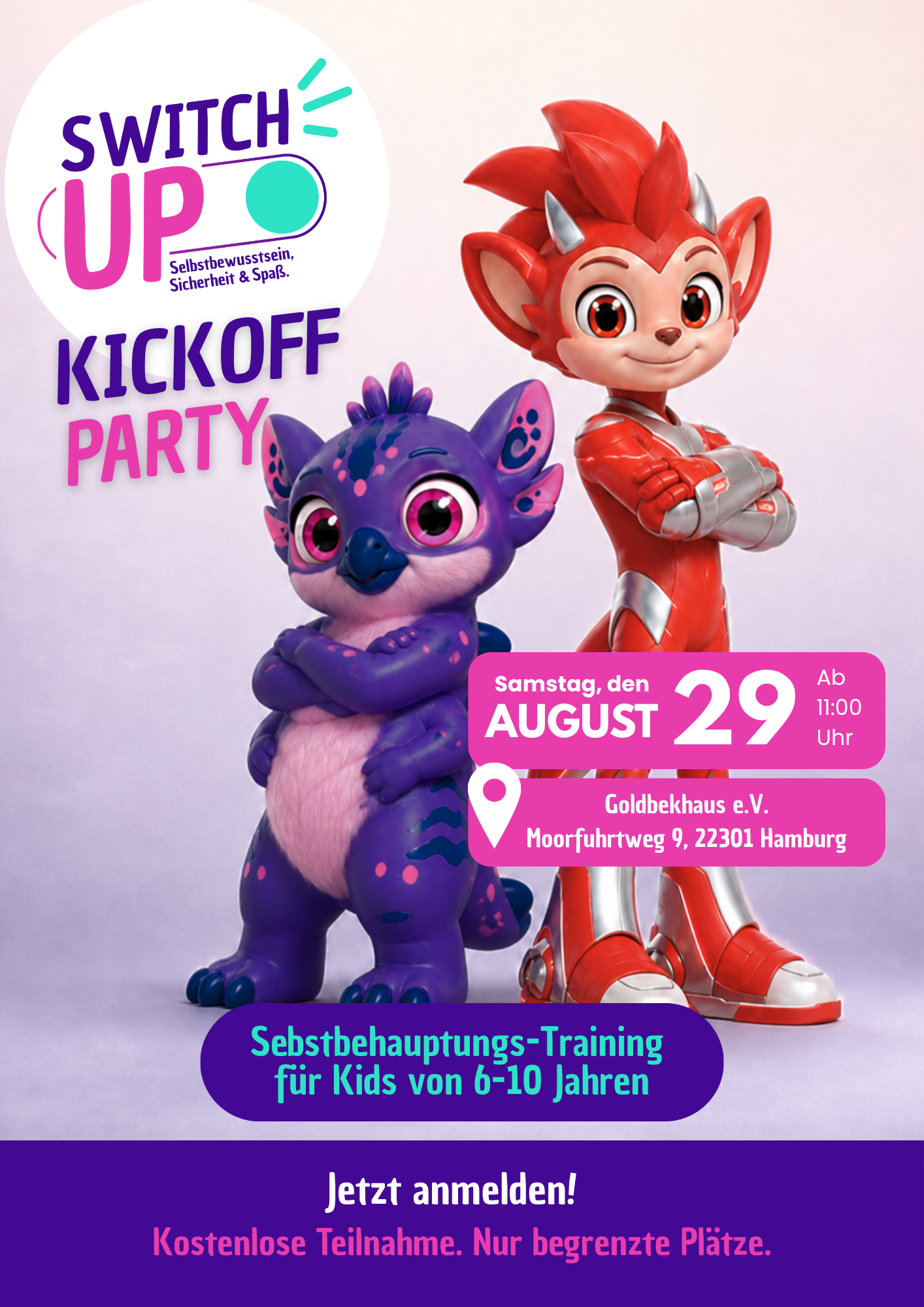 Grafik für eine Selbstbehauptungs-Training für Kinder im Alter von 6-10 Jahren, organisiert von Goldbekhaus e.V., veranstaltet am 29. August ab 11:00 Uhr in Hamburg. Enthält cartoonartige Charaktere, einen roten Affenkäfig und einen pantherartigen Kreatur, sowie Textinformationen.