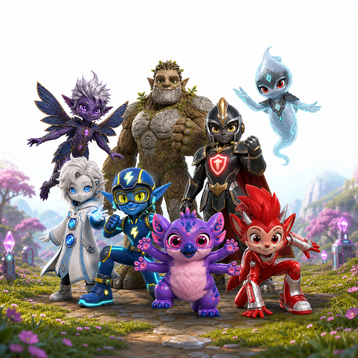 Eine Gruppe von fantasievollen, cartoonartigen Figuren in einer bunten, blühenden Natur.