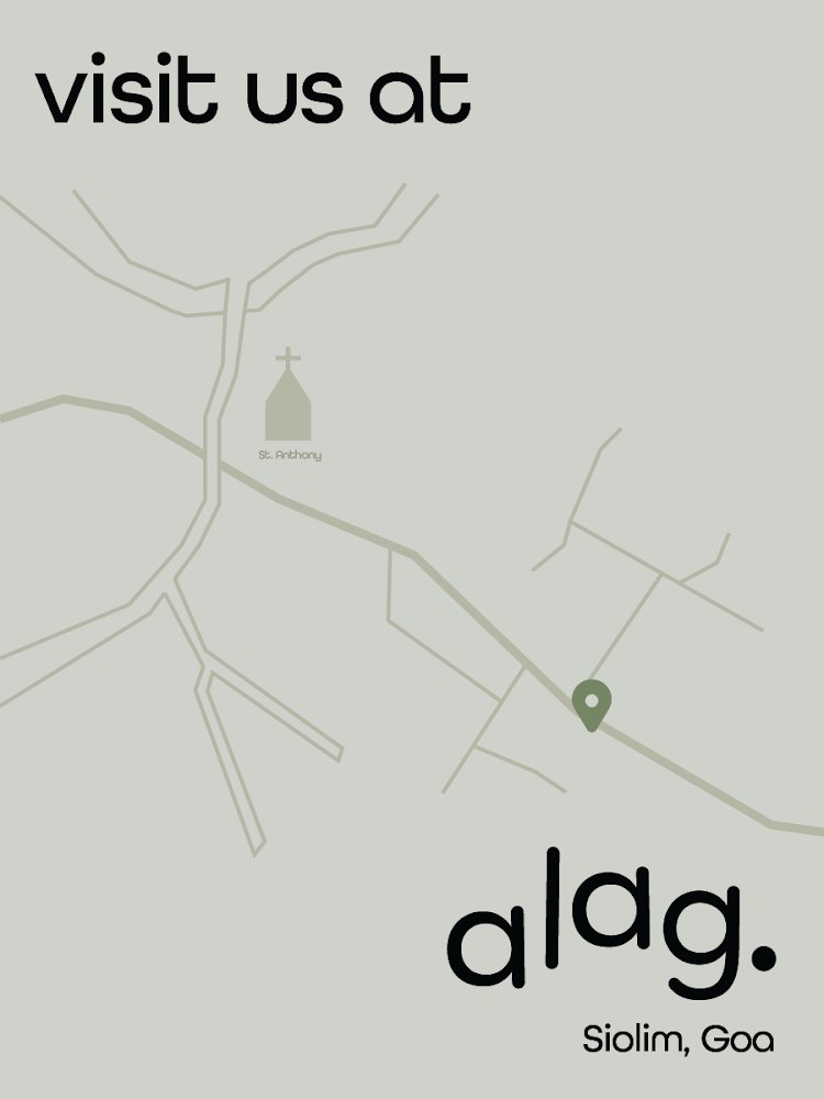 Map with roads and a church icon, text 'visit us at' and 'alg.', location 'Siolim, Goa'.