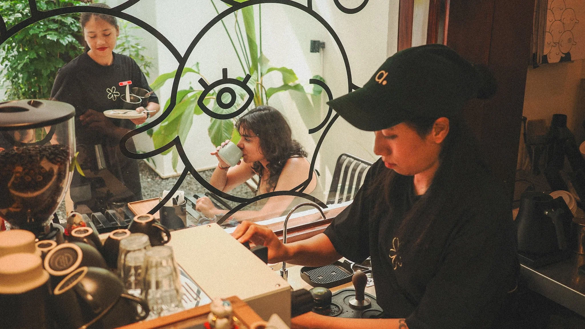 A barista operating an espresso machine behind the counter of a coffee shop, with two women seated inside the shop, one drinking coffee and one serving coffee, and a third woman seen through a window.