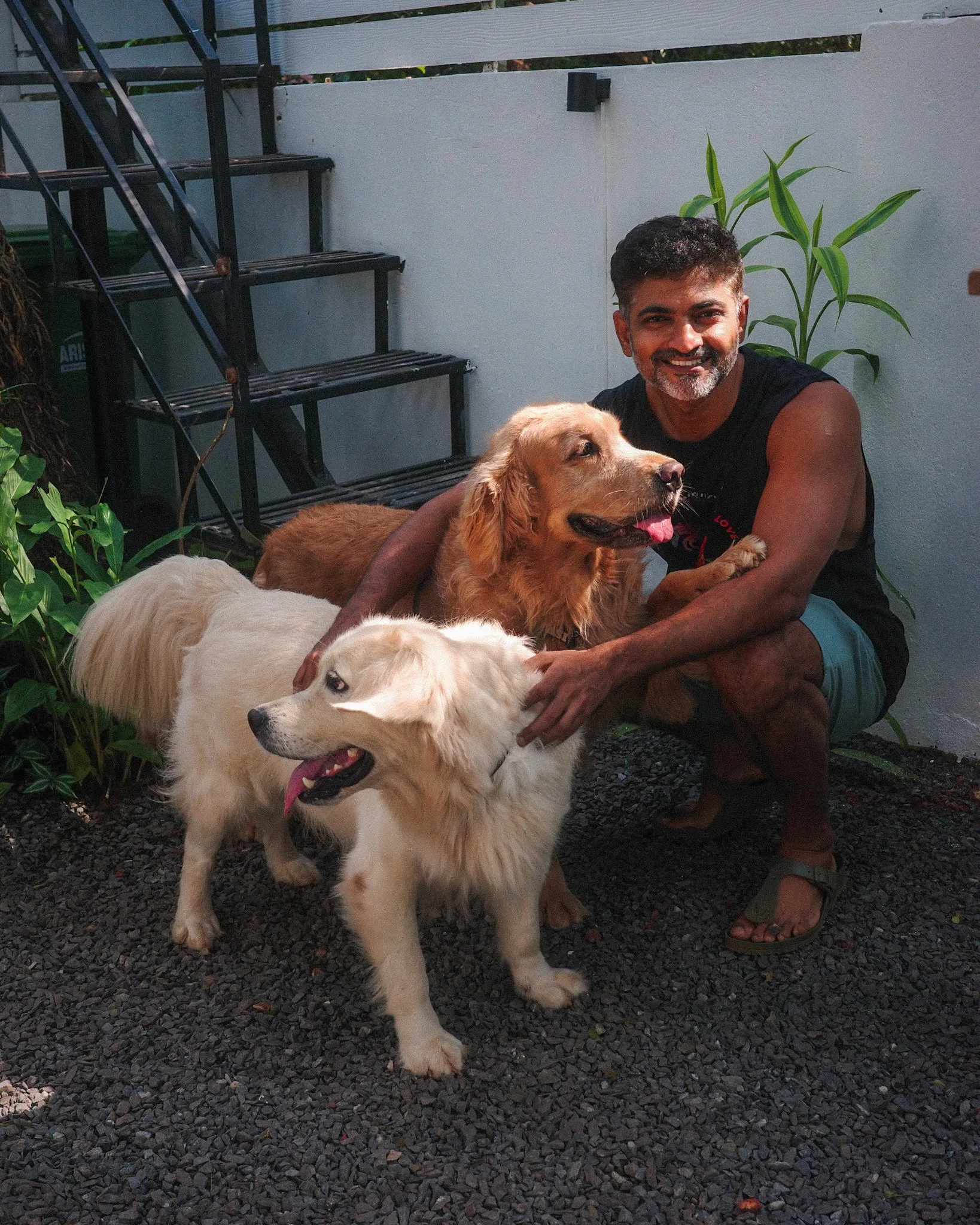 A man smiling while embracing two dogs, a golden retriever and a yellow retriever, in a backyard with a white wall, plants, and outdoor stairs.