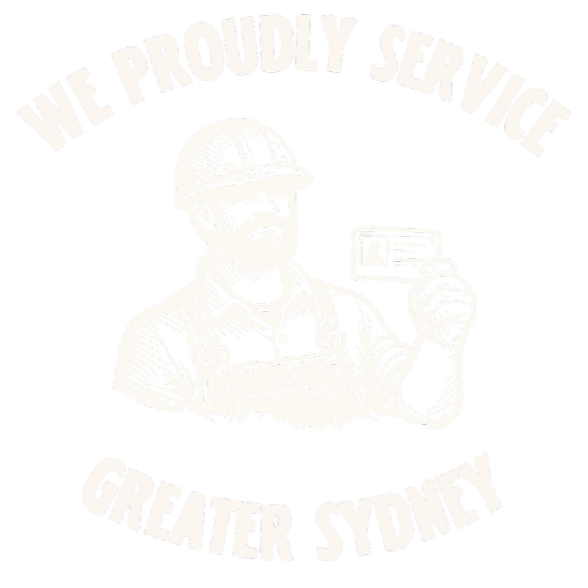 A graphic image of a worker wearing a hard hat and overalls, holding a photo ID card, with the text 'We Proudly Service Greater Sydney' arched above and below.