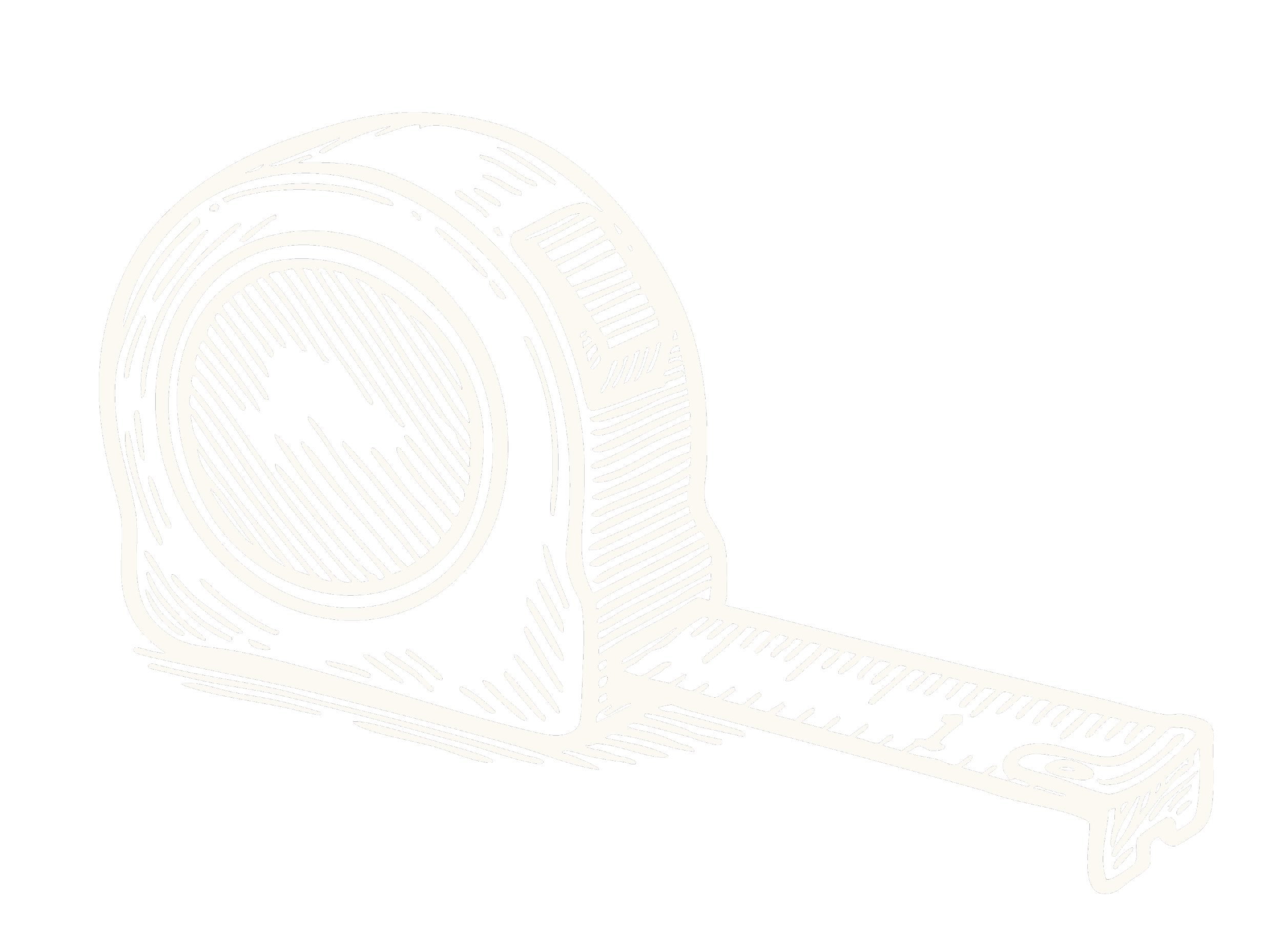 A black and white illustration of a tape measure unrolled with measurements, with the tape extending from the reel.