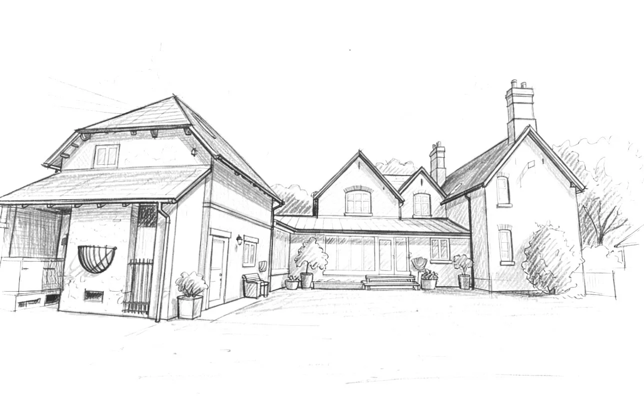 A pencil sketch of a large farmhouse and farmyard