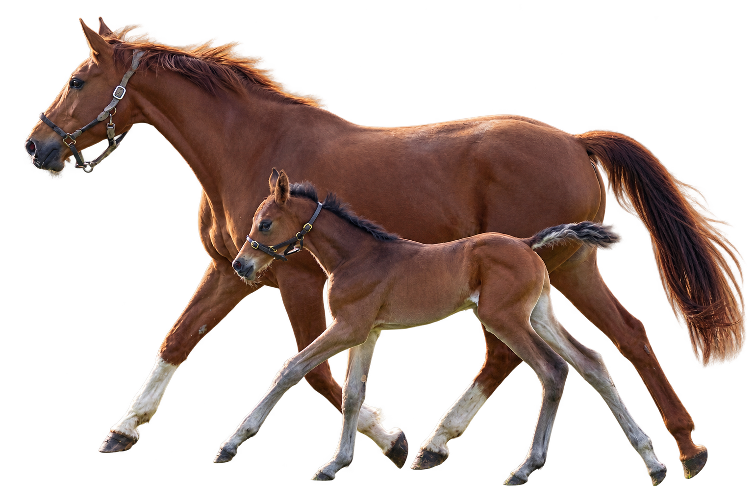 Chestnut mare and foal moving together, illustrating experienced horse and quine care.