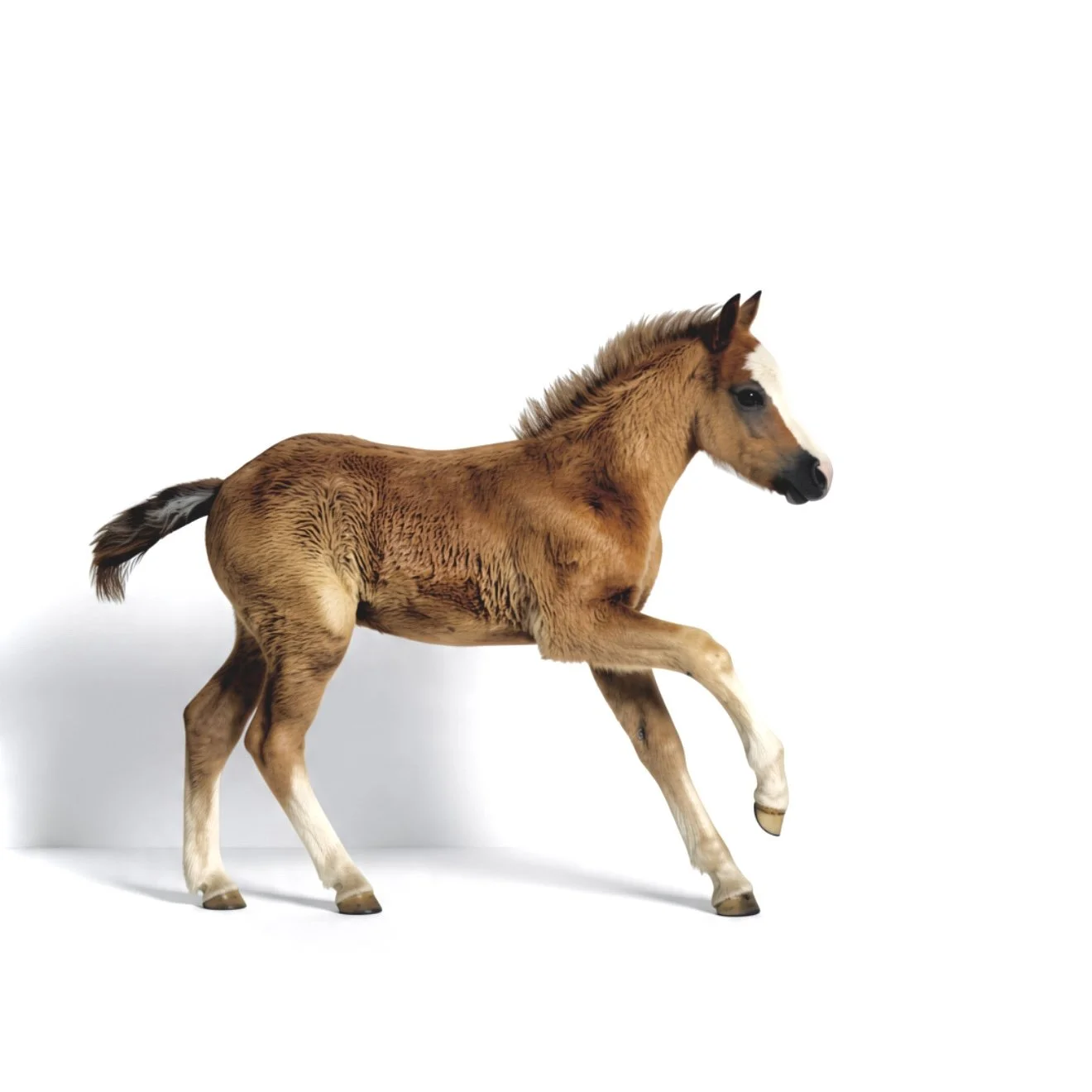 A chestnu colt foal cantering. Beautiful and cute, set on a white background