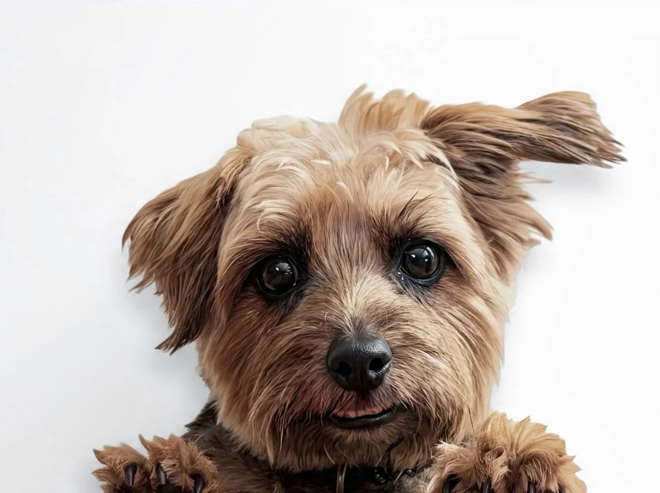 A photograph of a Norfolk terrier dog. Looking very cute, on a white background