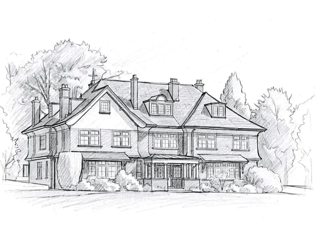 Pencil drawing of a manor house.