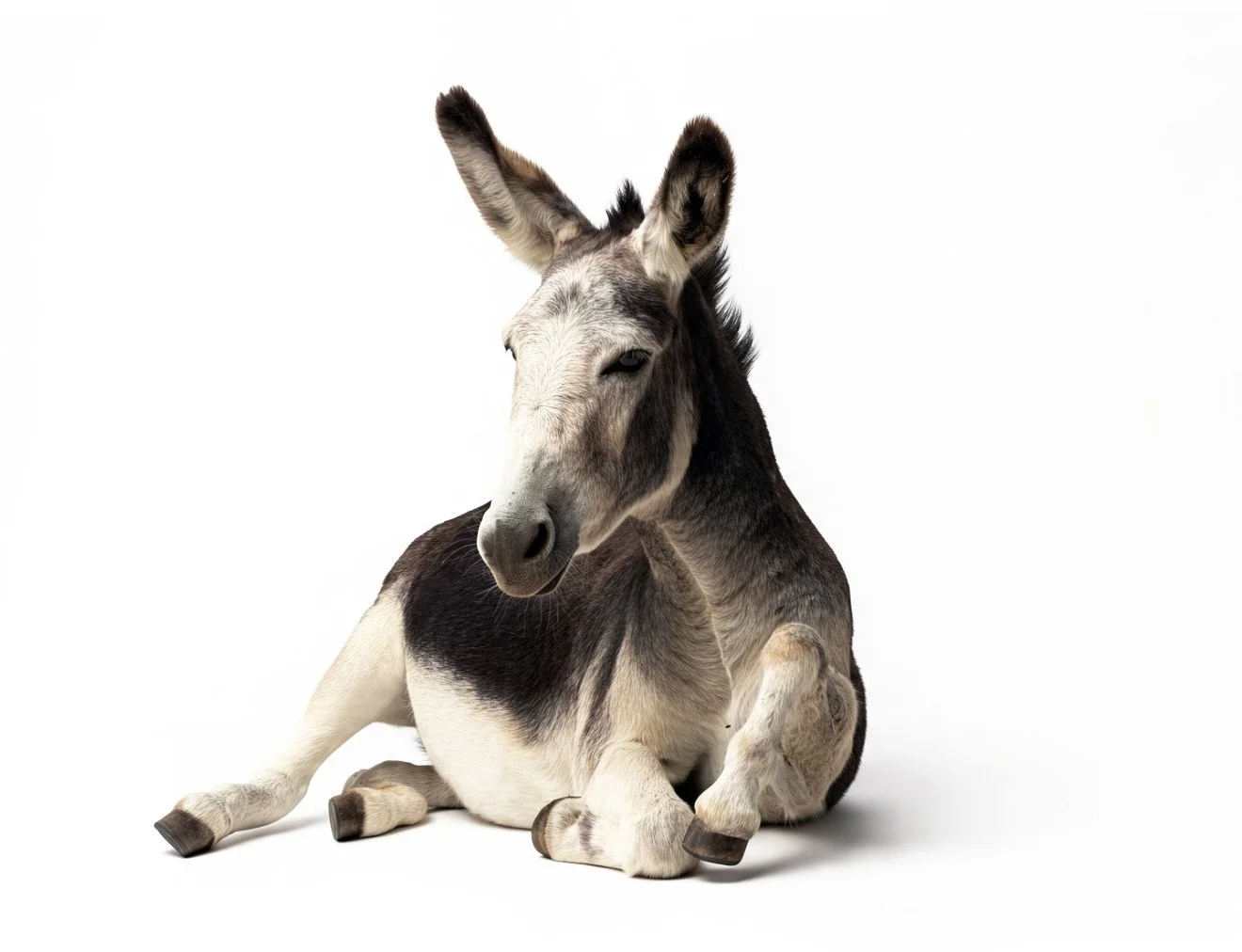 A donkey lying down. Very beautiful donkey photograph, set on a white background