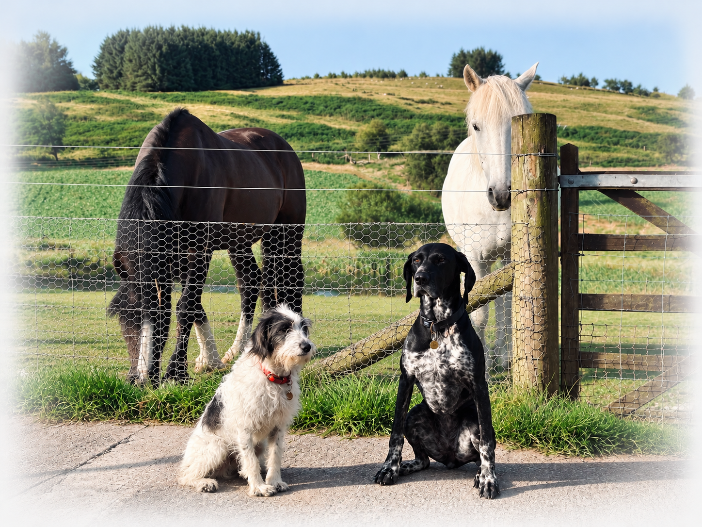 Horses & dogs at a rural property, illustrating A3 House & Pet Sitting's equine, house and pet sitting services in Hampshire