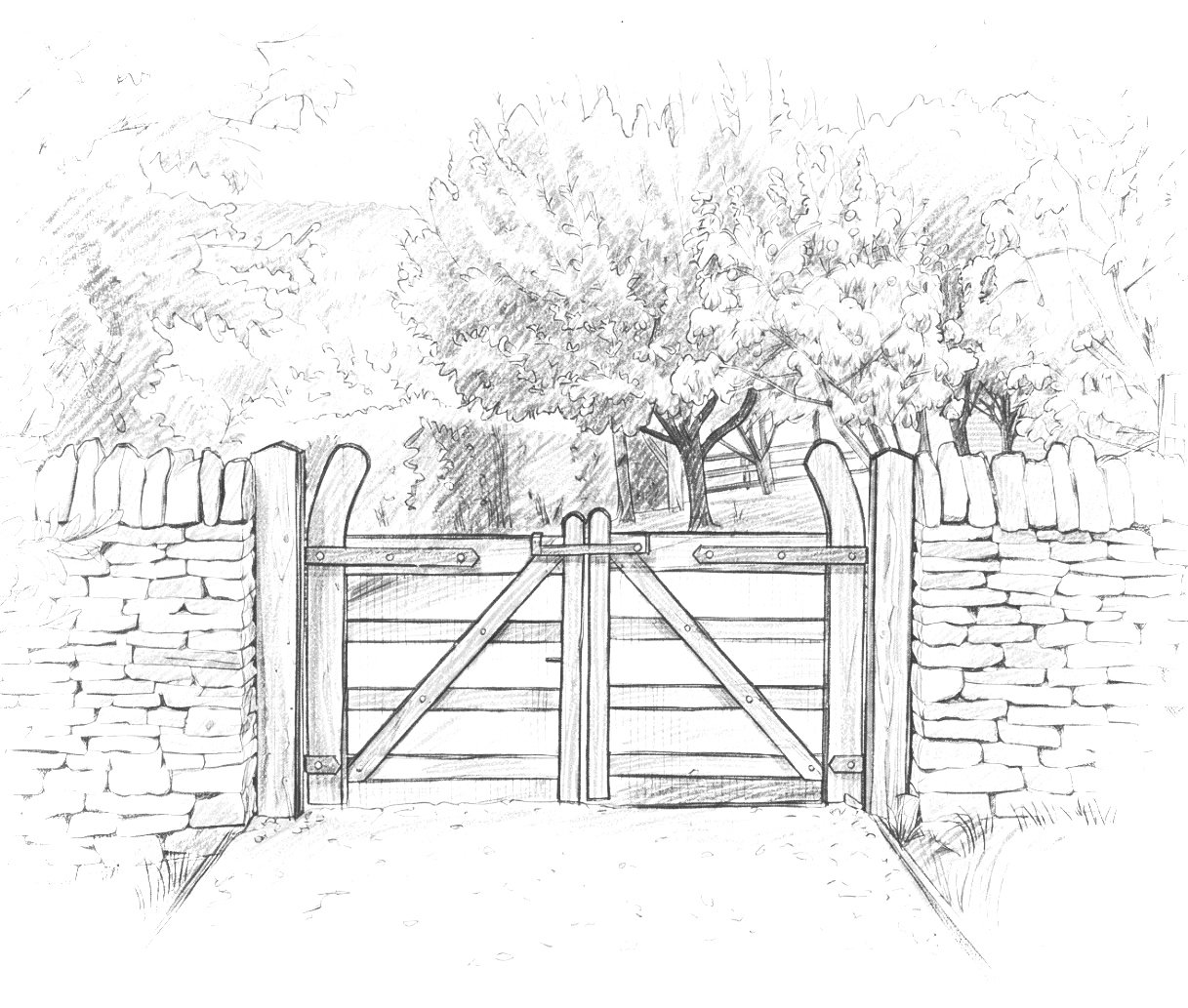 Path with garden gate to orchard