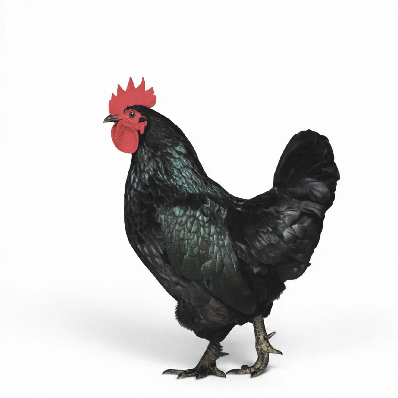 An absolutely stunning black cockerel, with incredibly glossy feathers. Set on a white background.