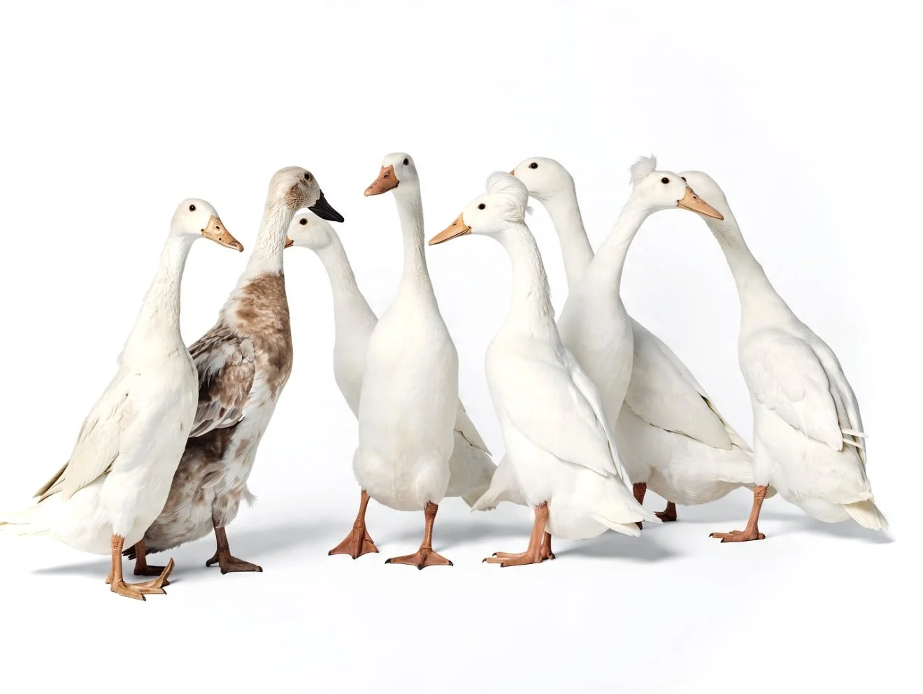 A photograph of runner ducks, set on a white background