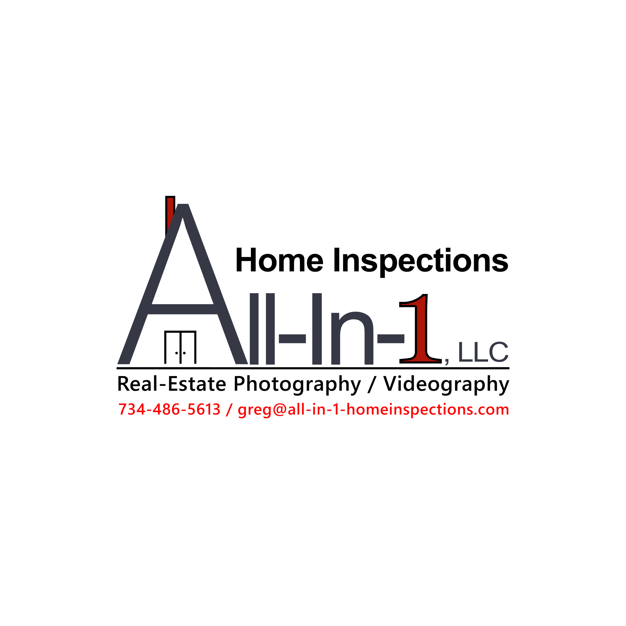Business logo for All-in-1 Home Inspections including phone number and email contact, with services in real estate photography and videography.