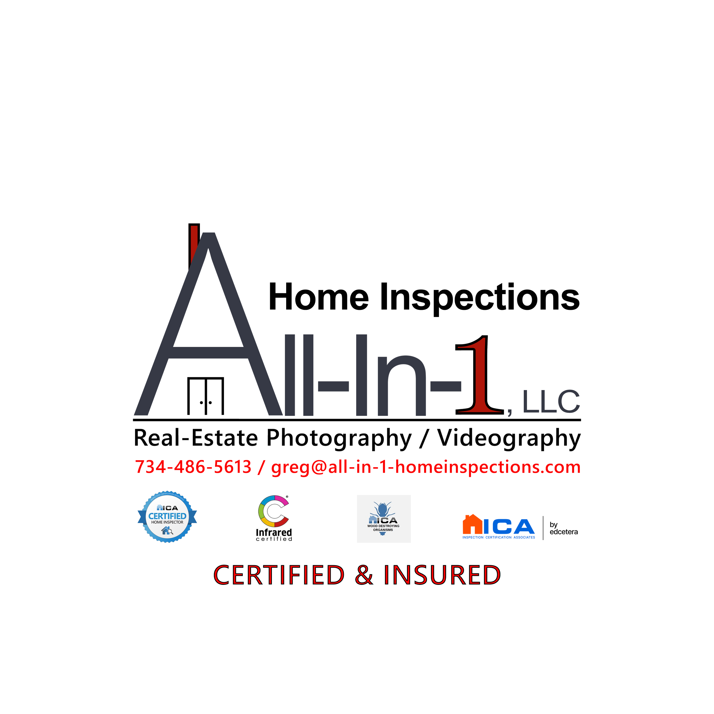 Business card for All-in-1 LLC, a home inspection company with contact information, certifications, and services listed.