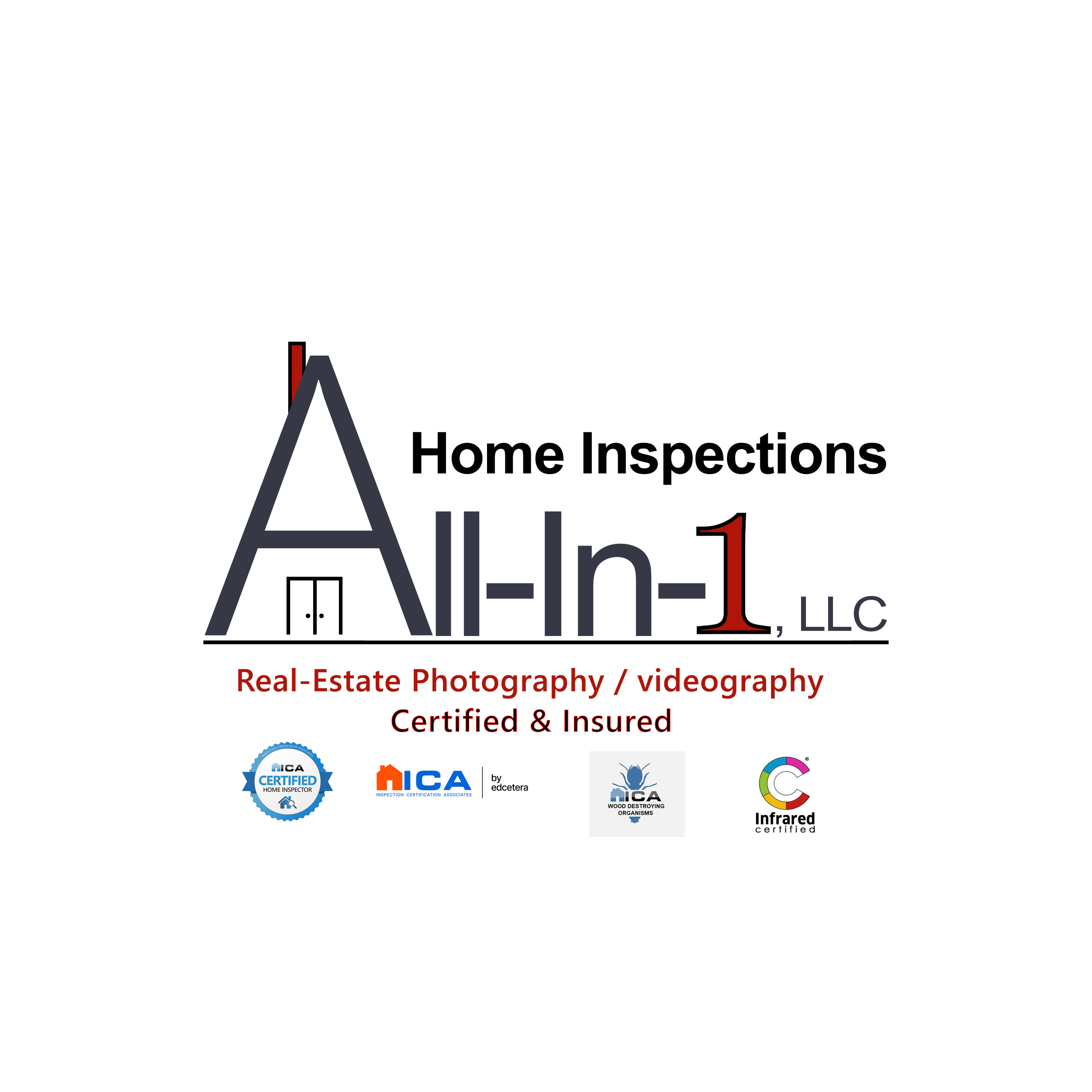 Logo for All-In LLC, a real estate photography and videography company, featuring a large letter A shaped like a house with a door, text indicating services, certifications, and logos for home inspector, inspection certification, wood destroying organisms, and infrared certification.
