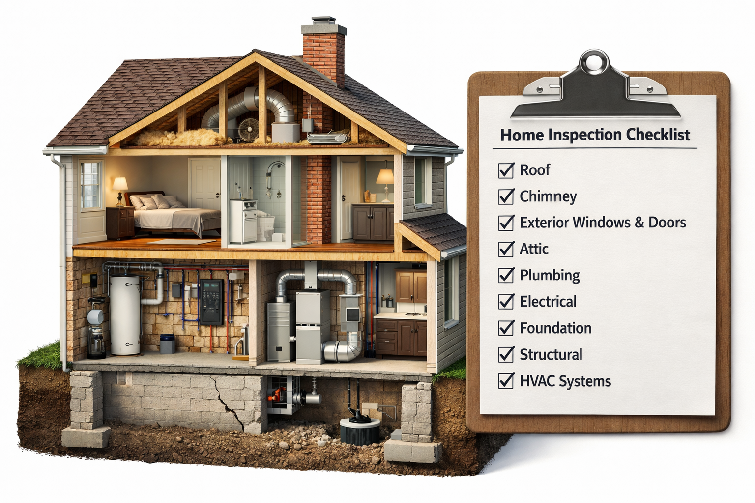 Cross-section of a house showing various interior rooms and infrastructure, with a home inspection checklist on a clipboard listing items like roof, chimney, exterior windows & doors, attic, plumbing, electrical, foundation, structural, and HVAC systems.