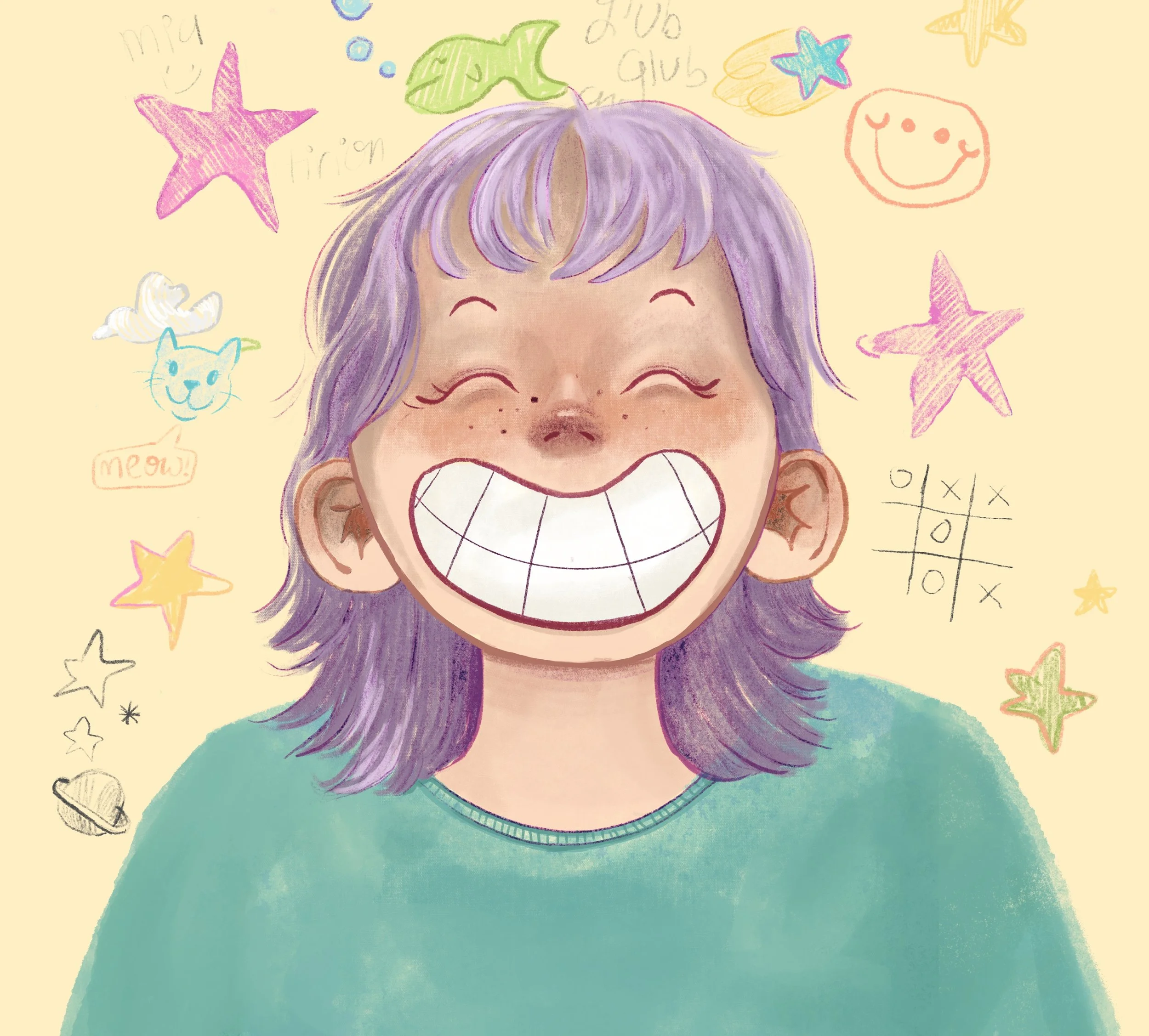 A digital drawing of a smiling girl with purple hair, surrounded by colorful doodles including stars, a cat, a smiley face, and various written words on a light yellow background.