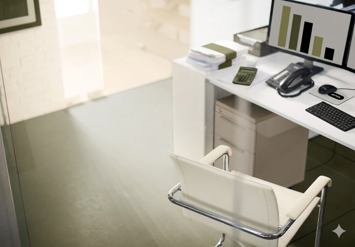 Oficina con escritorio, silla, monitor con gráficos de barras, teléfono, teclado, ratón y calculator en un espacio organizado y moderno.