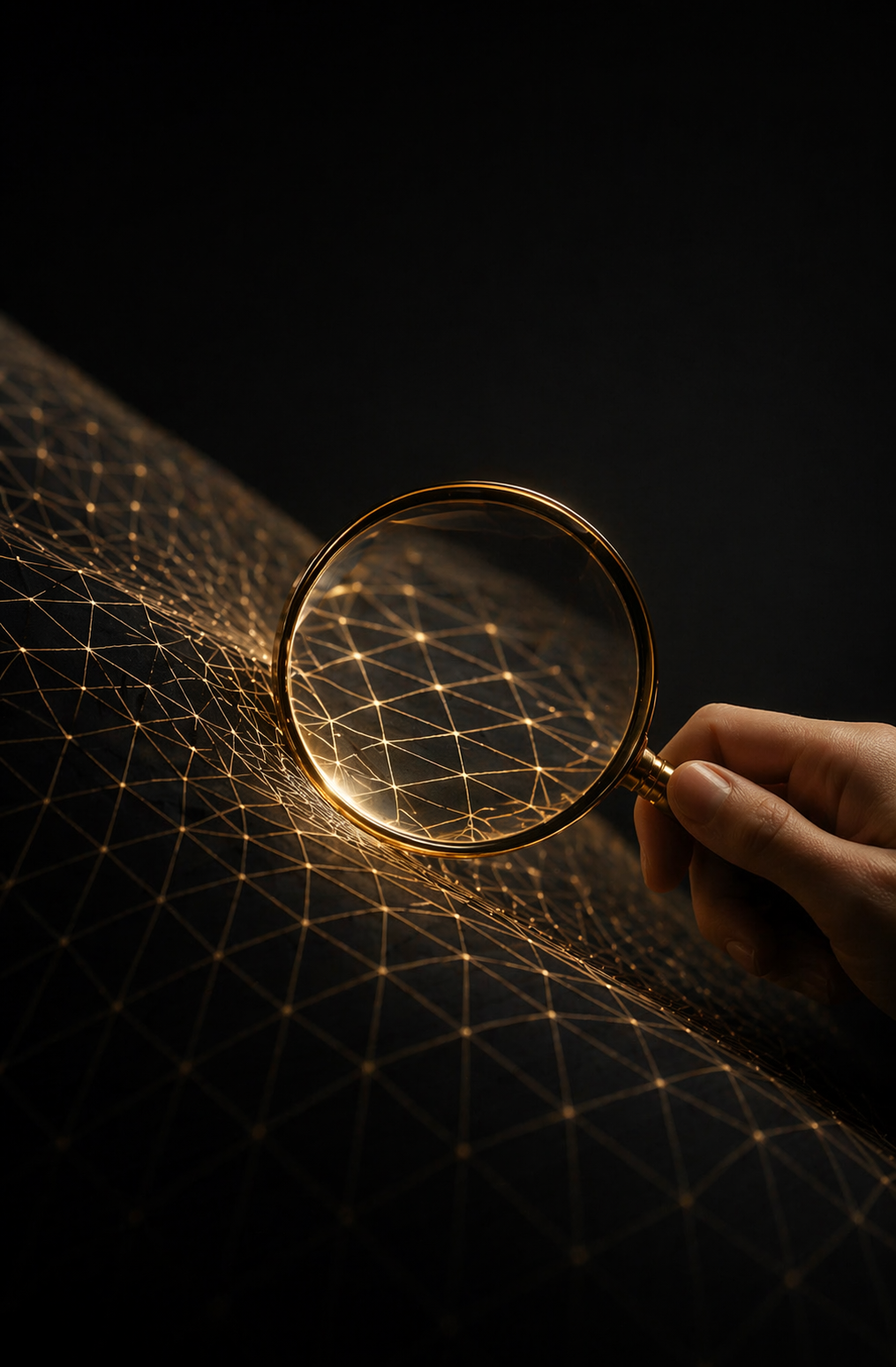 A hand holding a magnifying glass over a black surface with a glowing gold geometric grid pattern.