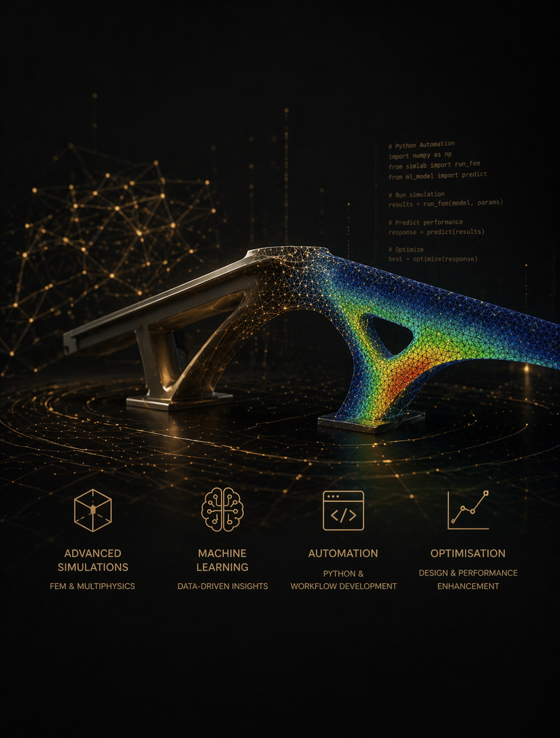 Futuristic bridge model with a digital, colorful mesh overlay, surrounded by abstract digital neural network graphics. Icons and text highlight themes of advanced simulations, machine learning, automation, and optimization.