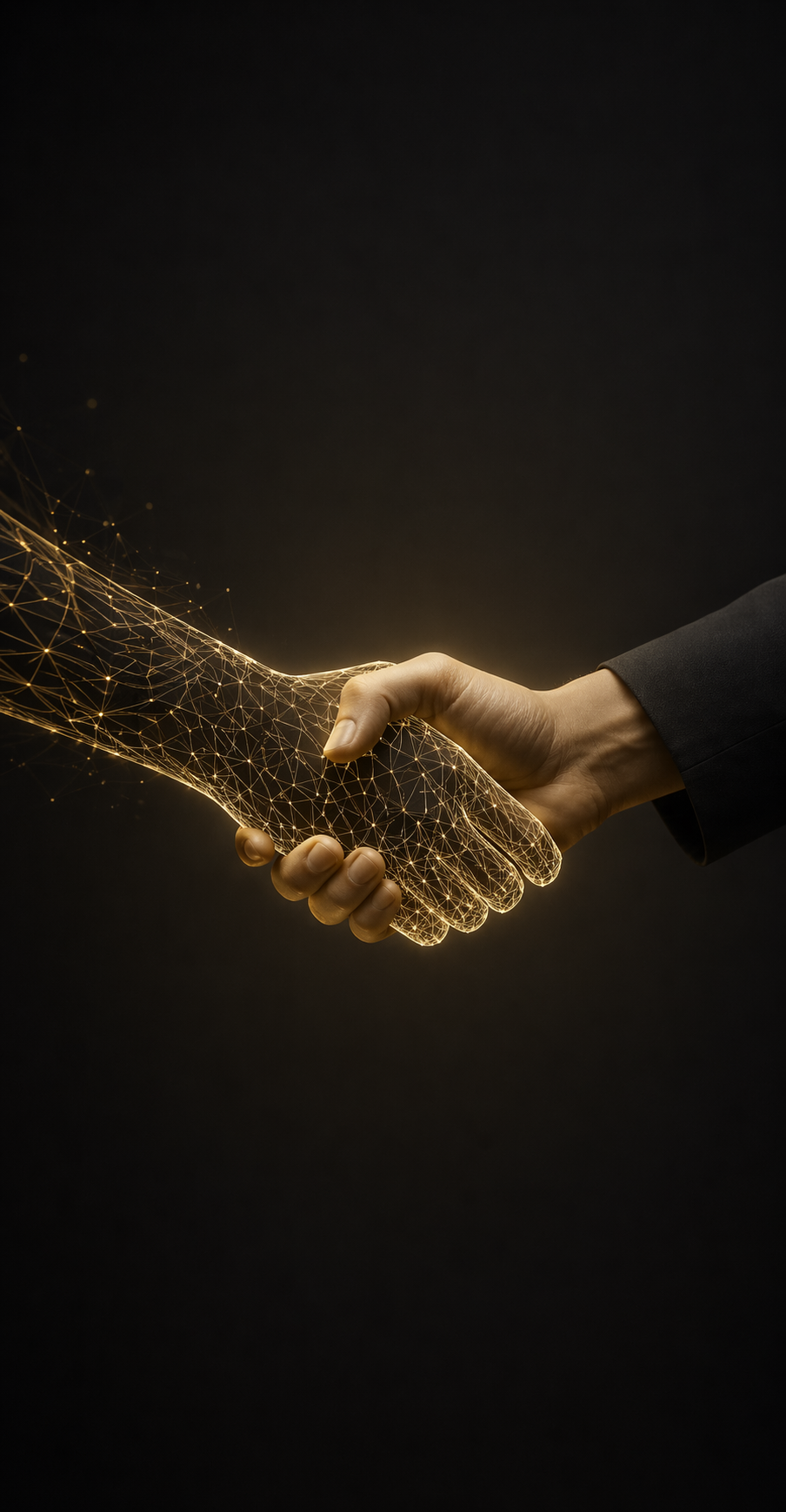 Digital illustration of two hands shaking, with one hand being a human hand and the other hand represented by a glowing, wireframe network effect against a black background.