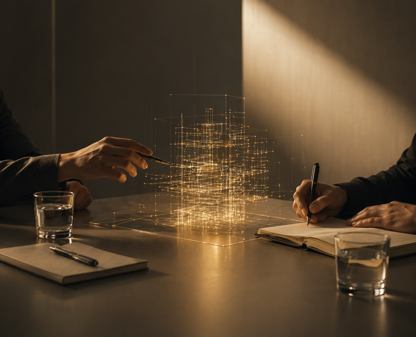 Two people sit at a table covered with notebooks and glasses of water, with a holographic 3D digital structure between them, one person pointing at it with a pen, the other writing in a notebook, in a dimly lit room.
