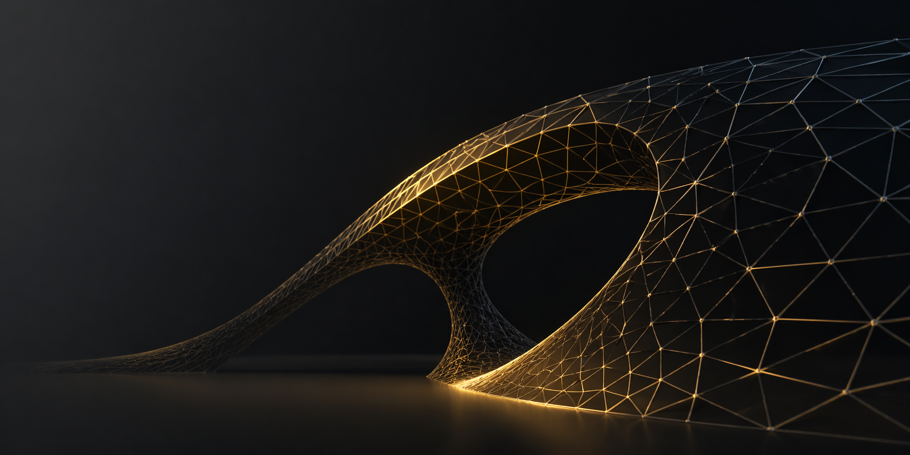 A digital abstract art piece featuring a gold-dipped wireframe tunnel or wave on a dark background.