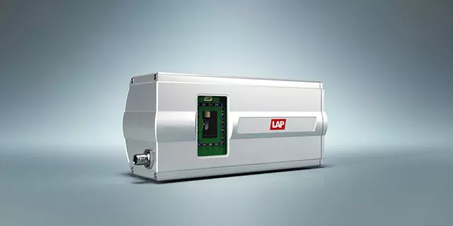 A compact, metallic fiber laser marking machine with a rectangular shape and a digital display on the front, labeled with a red 'LAP' logo.