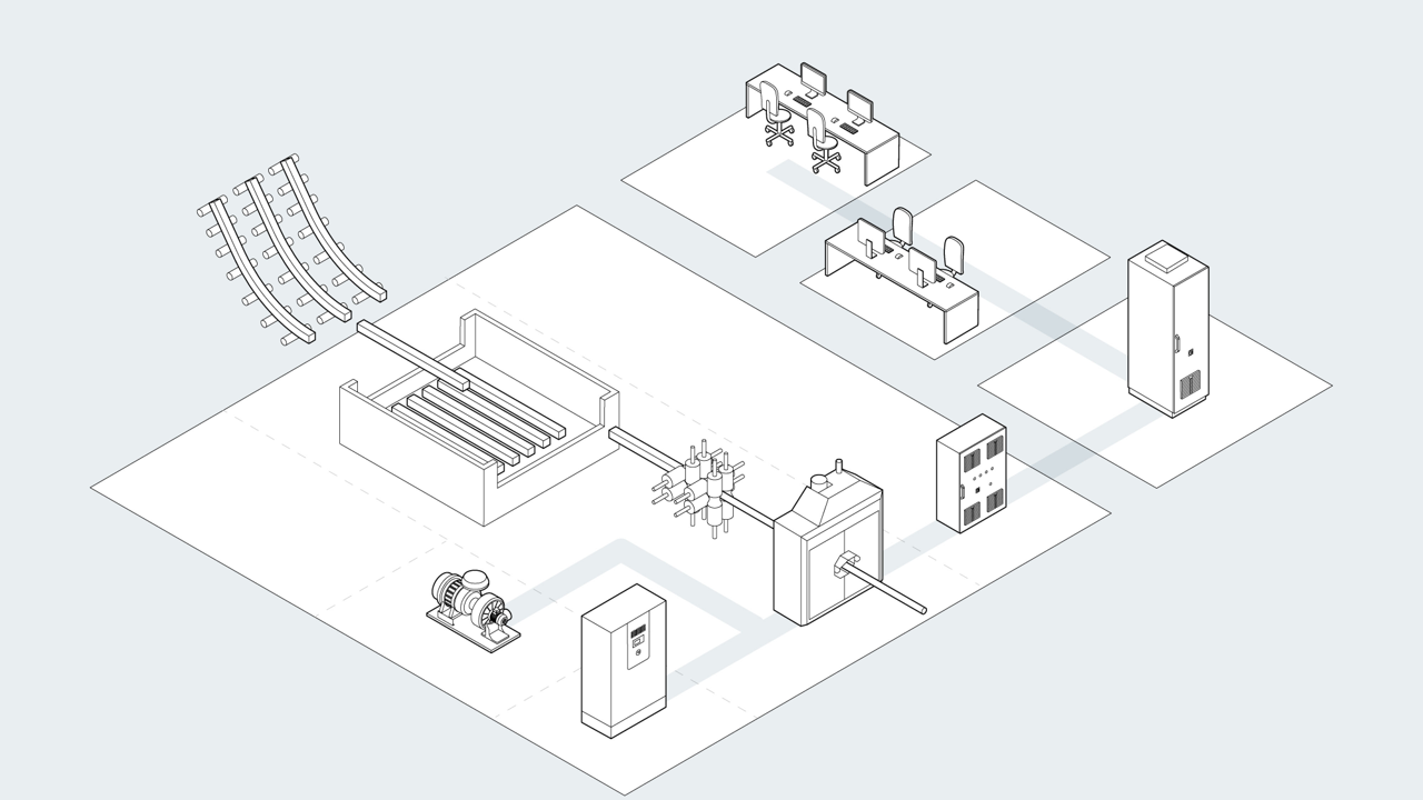 Isometric diagram of a manufacturing or research facility with various equipment, computer workstations, storage lockers, and industrial machinery.