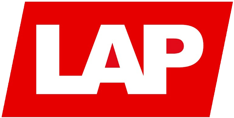 Red background with white text that reads 'LAP' in large font.