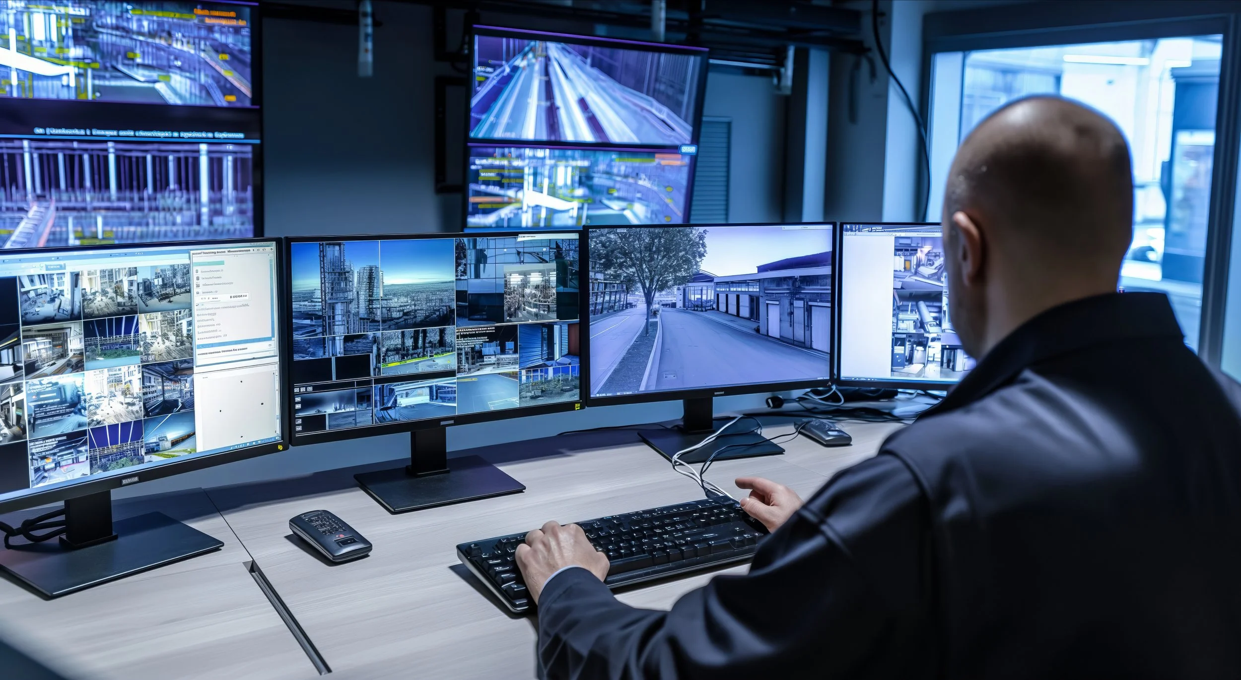 A man in a black jacket working at a control center with multiple monitors displaying city surveillance footage and live traffic cameras.