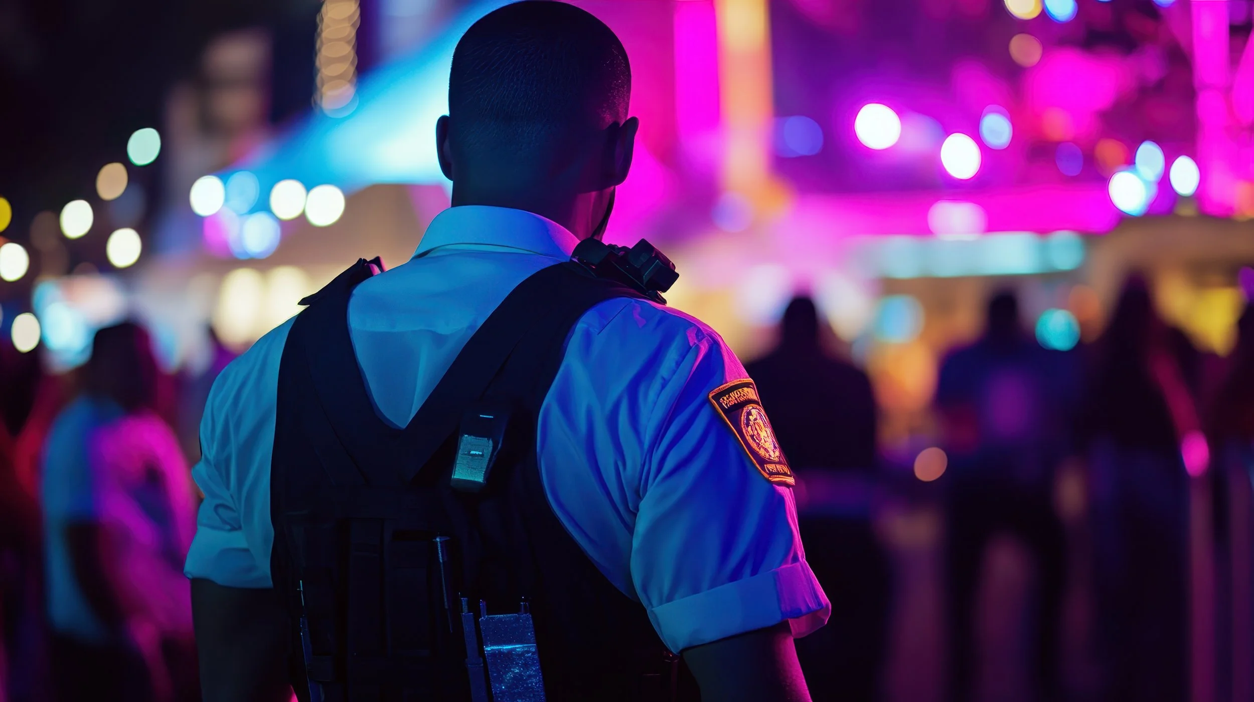 A police officer in uniform stands with his back to the camera at a nightlife event, illuminated by colorful neon lights and surrounded by blurred figures.