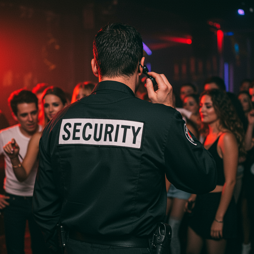 Security guard on duty at nightclub with crowd of young women dancing and socializing.