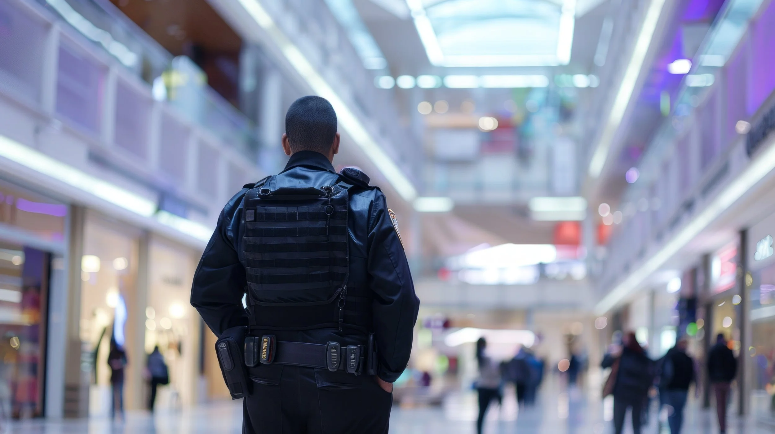 A security officer standing in a shopping mall, facing away, wearing a black uniform and carrying a utility belt, with people walking around in the background.