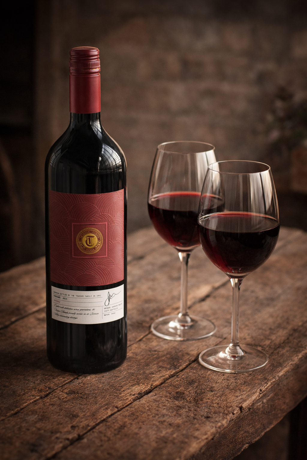 A bottle of red wine with a red label and two glasses of red wine on a rustic wooden table in a cozy setting.