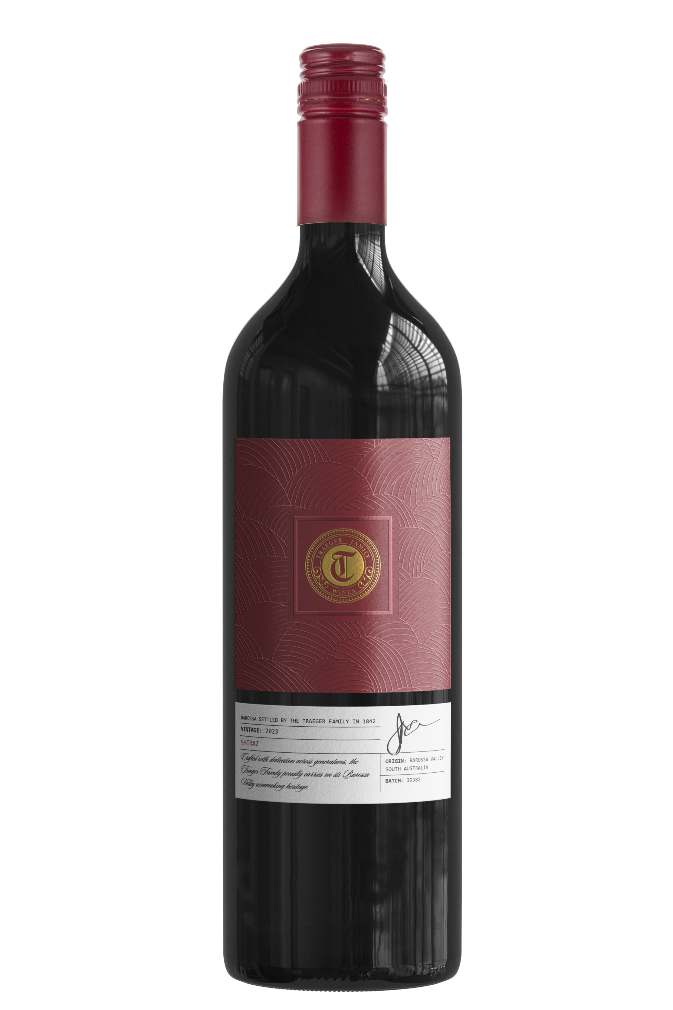 A bottle of red wine with a burgundy and gold label, featuring a signature, vintage year 2023, and details about the origin from Barossa Valley, South Australia.
