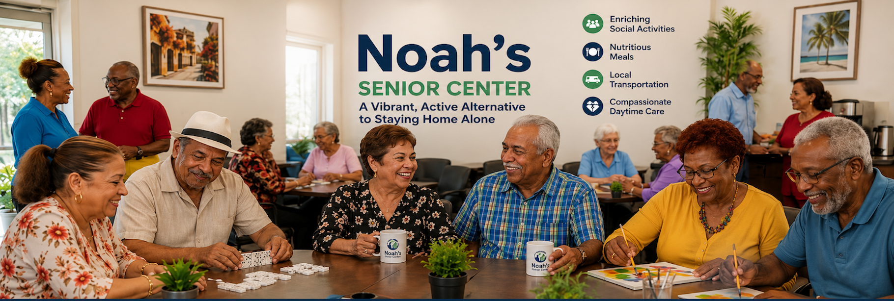 Senior adults socializing and engaging in activities at Noah's Senior Center, a vibrant and active community | Adult day care participants socializing at Noah's Senior Center in Miami Gardens