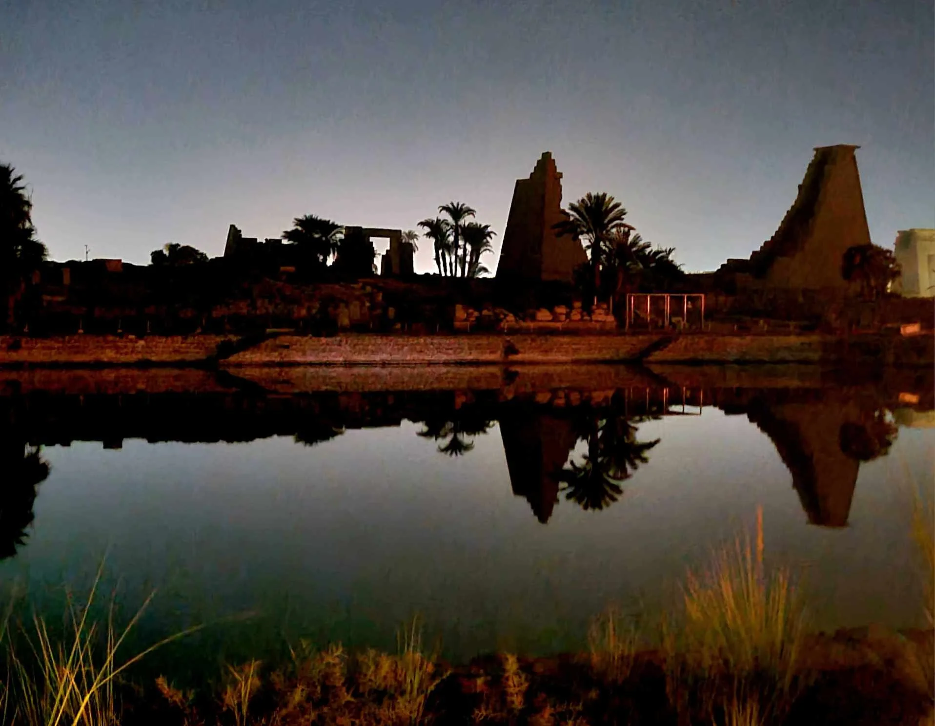 Night time view of the sacred lake at Karnak Temple with tall palm trees, reflected in a calm body of water