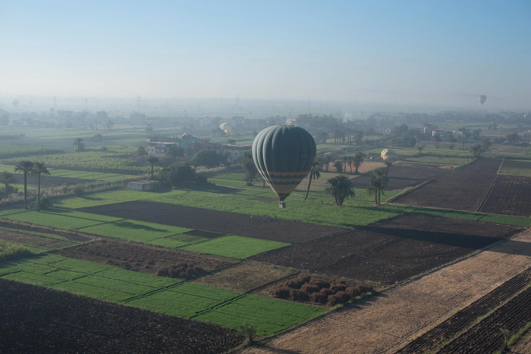 Aerial view of farmland with multiple hot air balloons floating over the fields, some in shades of yellow, blue, and striped patterns, with houses and trees scattered throughout the landscape of Luxor.