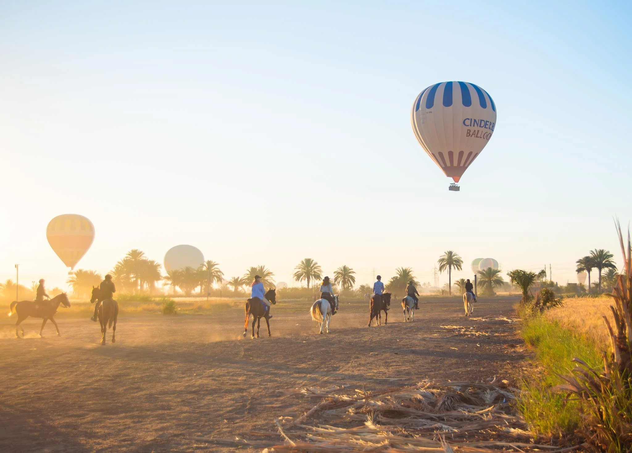 Hot air balloons floating in the sky during sunrise, with people riding horses on the ground below and palm trees in the background.