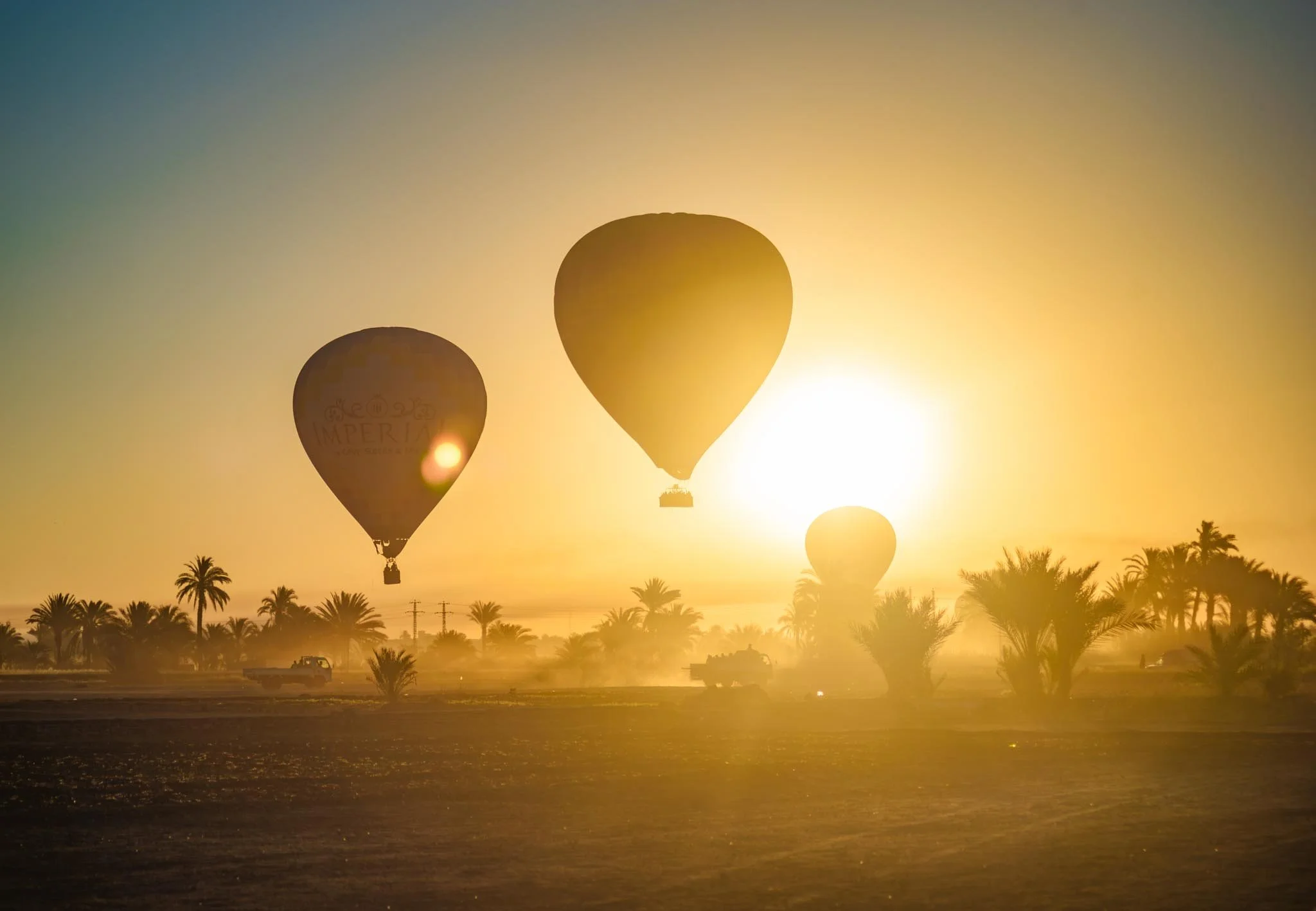 Hot air balloons floating at sunrise in Luxor over a landscape with palm trees and a wonderful golden glow in the sky