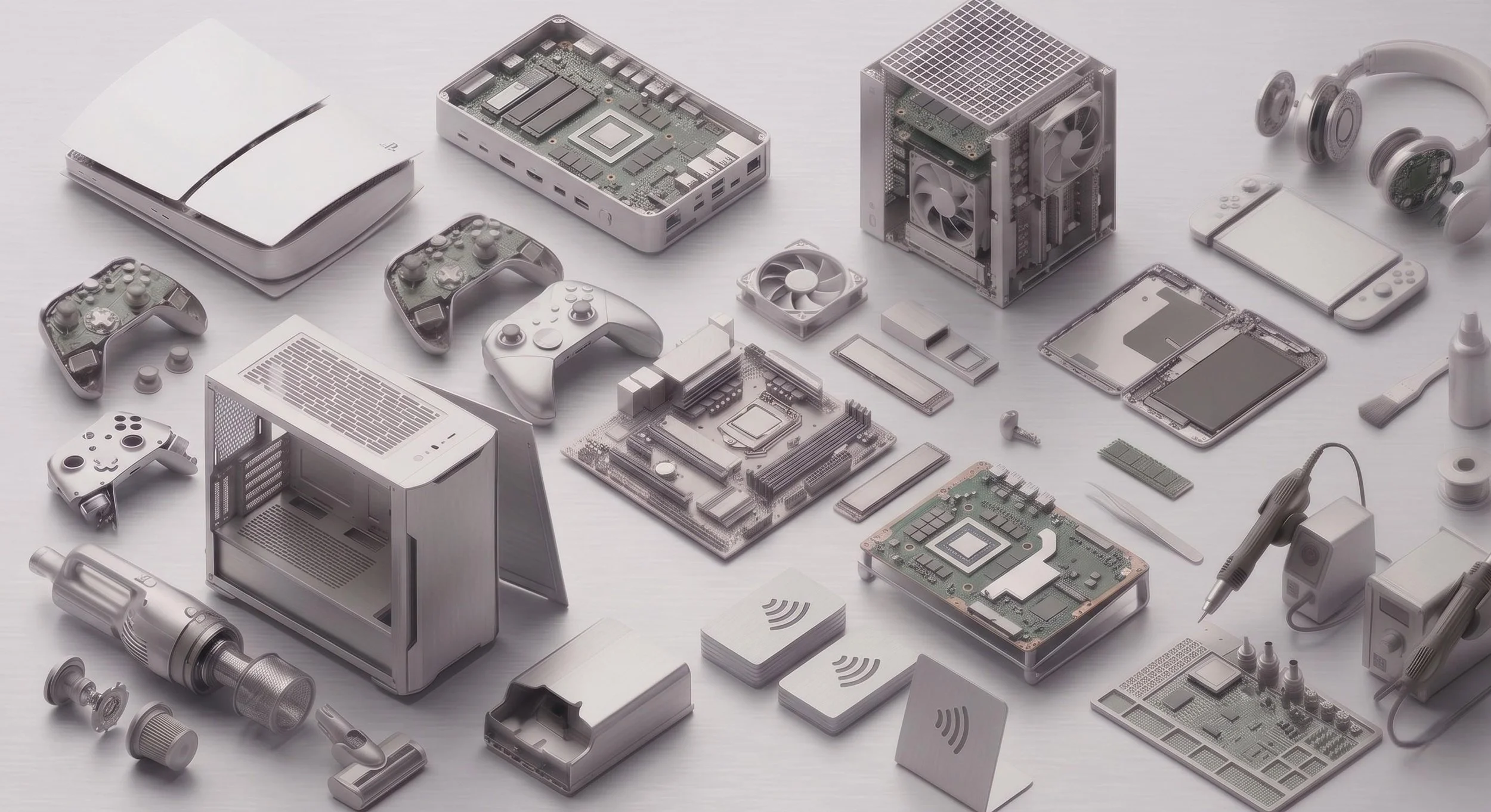 Auf einer hellen Oberfläche sind verschiedene elektronische Geräte und Komponenten wie eine Spielkonsole, eine Halbleiterplatine, Lüfter, Controller, Kopfhörer, ein USB-Stick, Schneidemesser, eine Kamera, ein Mikrofon und elektronische Bauteile sichtbar. Das Bild zeigt den Zahn der Zeit und technologische Entwicklung.