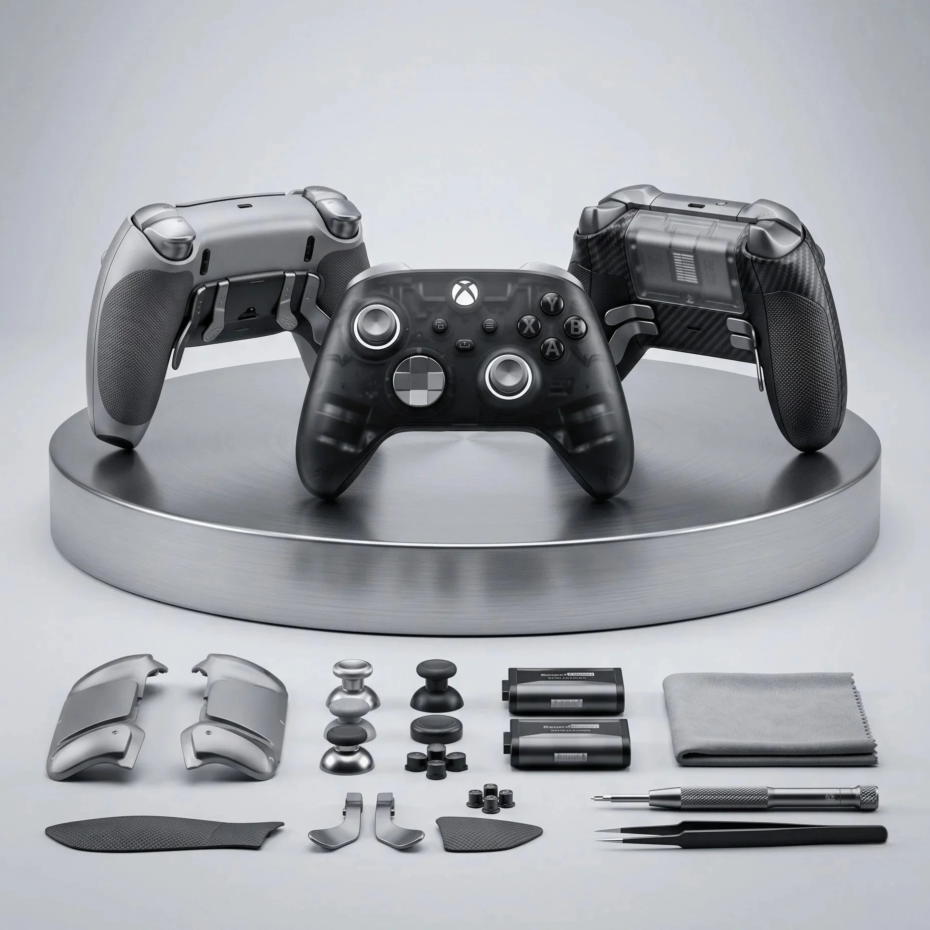 Ein Xbox-Controller mit Zubehör, einschließlich zusätzlichen Griffen, Knöpfen, Batteriehaltern, Reinigungstüchern und Werkzeugen, auf einer silbernen Plattform.