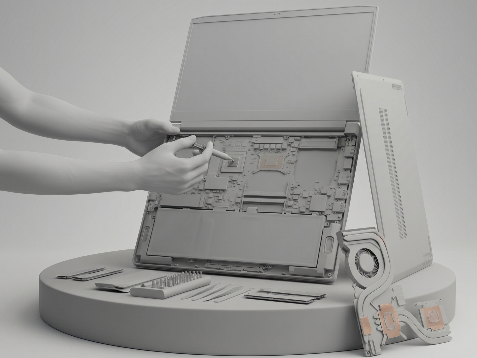 Ein menschlicher Arm montiert junge männliche Person, die einen Laptop zerlegt, mit Werkzeugen auf einem weißen Tisch. Das Innere eines Laptops ist sichtbar, teilweise auseinandergebaut, mit Schrauben und Komponenten.