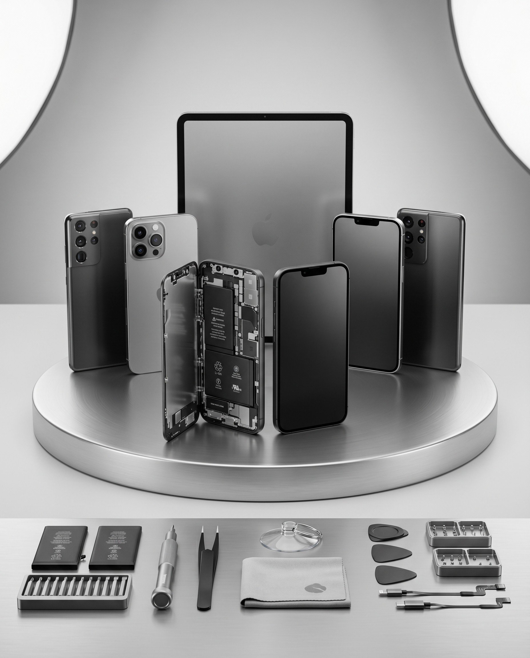 Ein schwarzes iPhone und ein iPhone mit geöffnetem Gehäuse, die auf einem weißen Tisch mit verschiedenen Werkzeugen und Ersatzteilen zum Reparieren liegen, vor einem großen iPad.