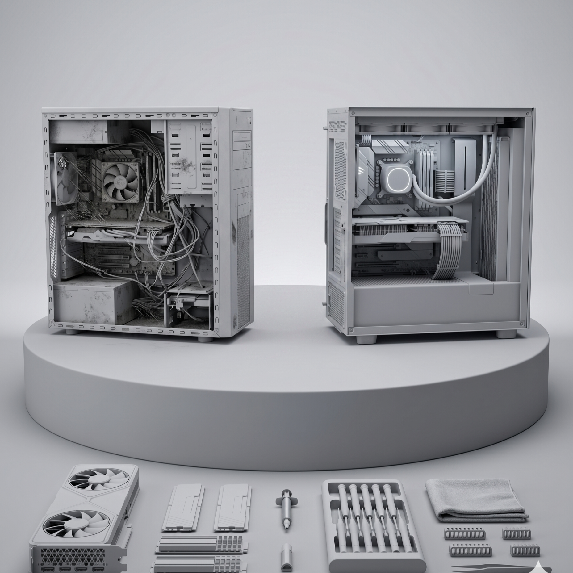 Zwei offene Computergehäuse auf einer weißen runden Oberfläche, umgeben von Computerkomponenten und Werkzeugen in Weiß, in einem minimalistischen Raum.